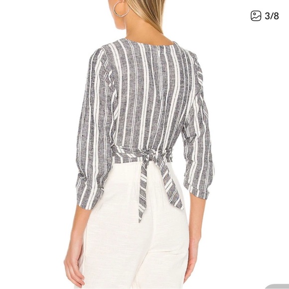 L’Academie The Adalene Blouse Navy White Striped wrap top linen - Picture 2 of 2